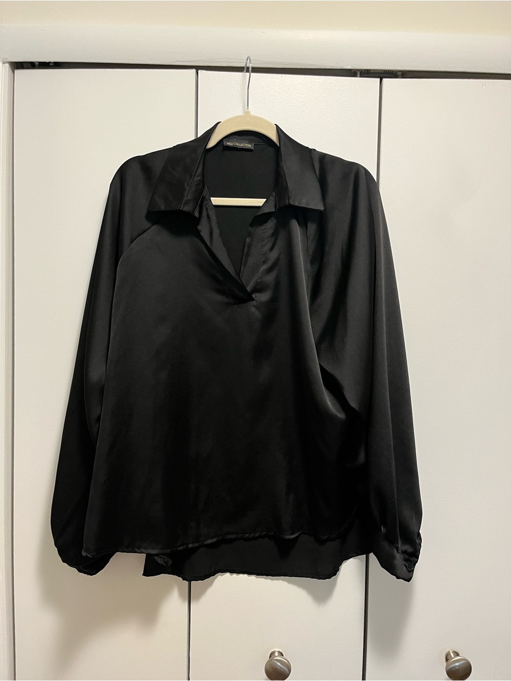 Satin V-Neck Long Sleeve Blouse - Black